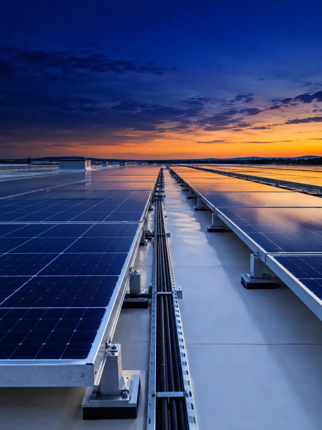 Rânduri de panouri fotovoltaice pe acoperișul plat al unei hale, cu traseele de cabluri pe jgheab metalic